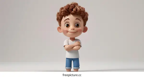 Smiling Cartoon Boy with Curly Hair