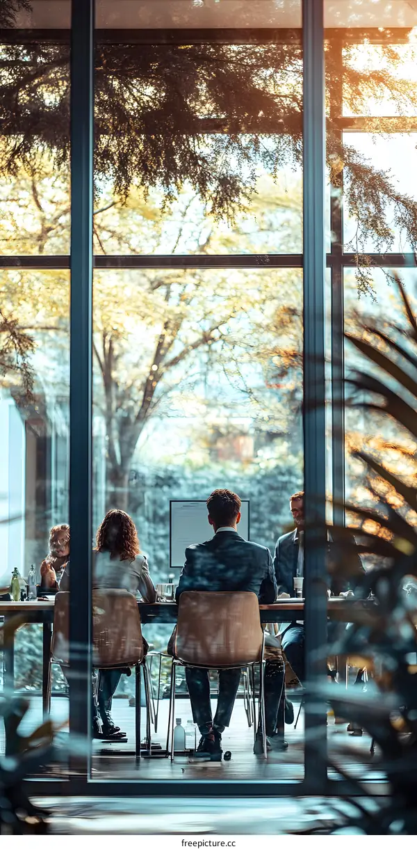 Meeting Room Through Window With Blurred People And Trees