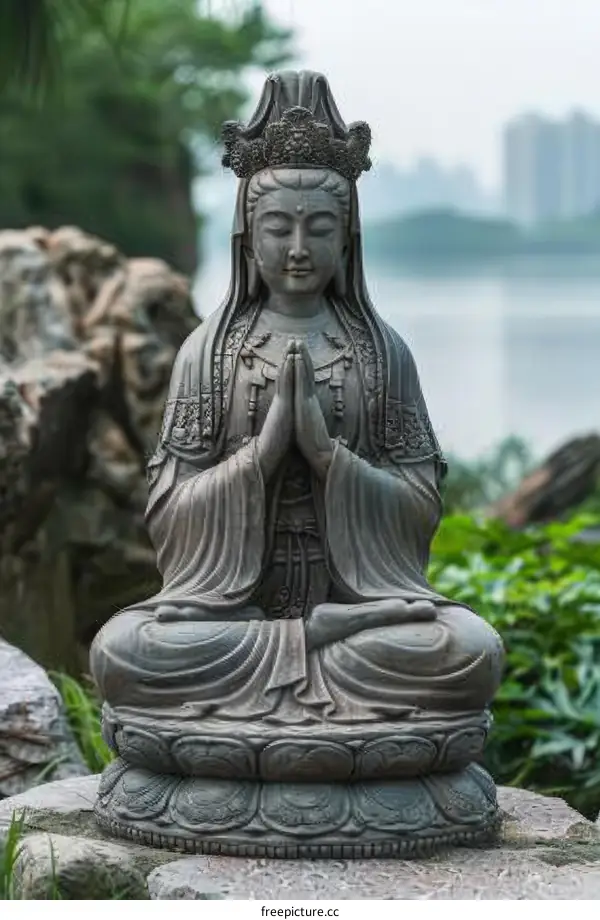 A stone statue of a bodhisattva sits in a garden