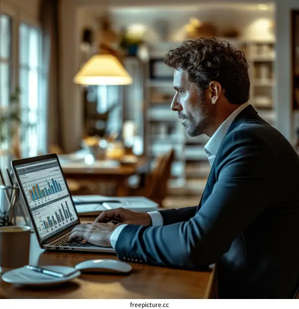 Businessman analyzing financial data on laptop