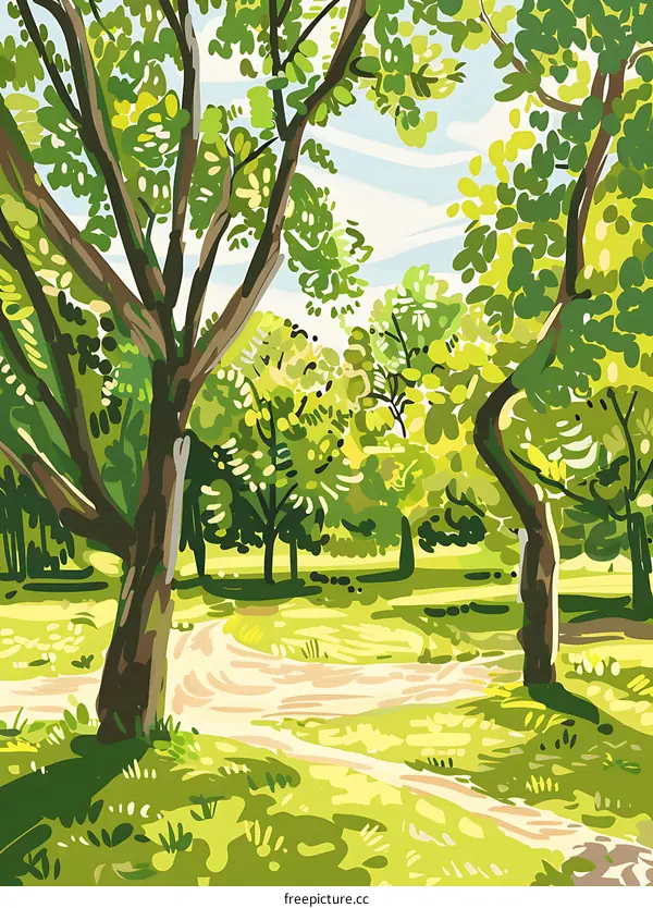 Summer Landscape Illustration with Green Trees