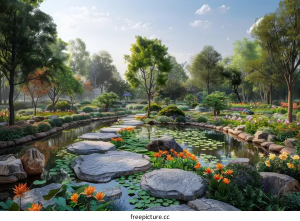 Stepping Stones in a Landscaped Garden with a Pond