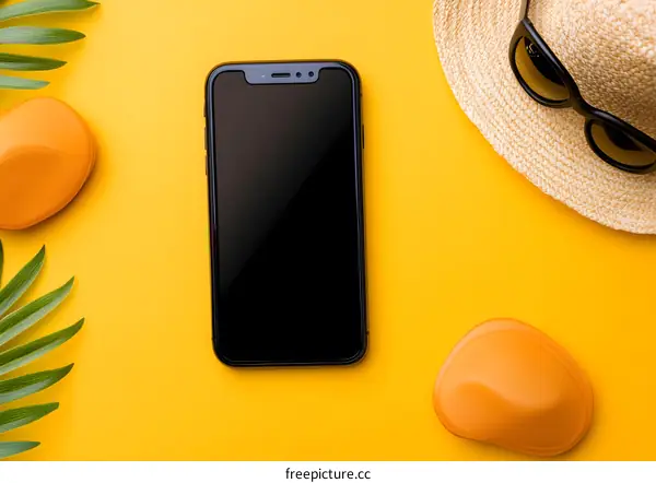 Summer Vacation Flat Lay with Phone, Hat, Sunglasses and Palm Leaves