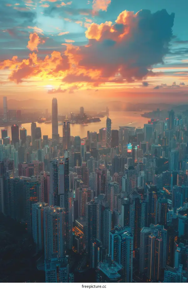 Hong Kong Skyline at Sunrise Golden Hour