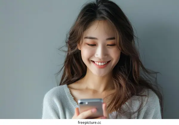 Asian woman smiling while looking at her phone