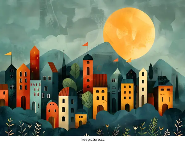 A beautiful illustration of a cityscape with a large moon in the background