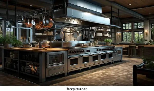 Large Commercial Kitchen With Stainless Steel Appliances