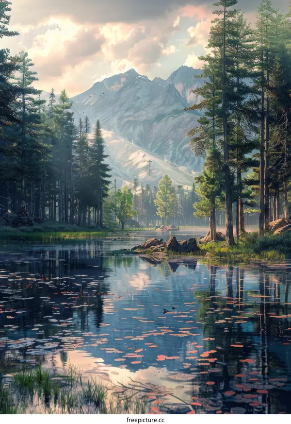Tranquil mountain lake surrounded by towering pines in a secluded valley