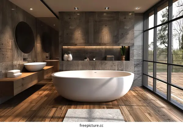 Modern Bathroom Interior Design with Bathtub and Wooden Floor