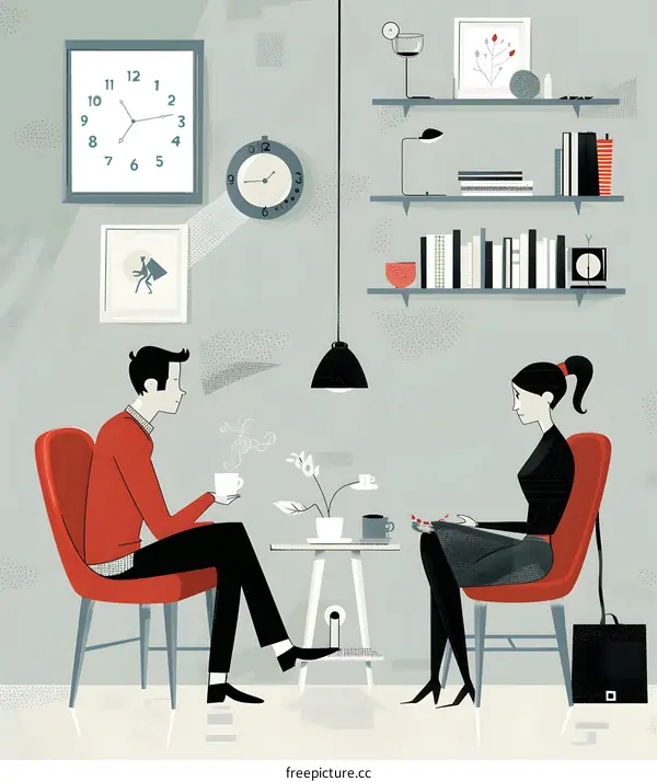 Couple Sitting in Chairs with Coffee and Plant