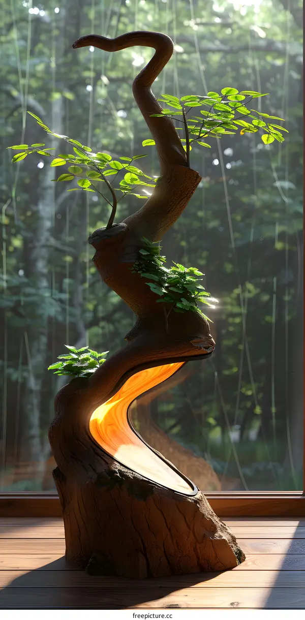 Glowing Tree Sculpture with Plants