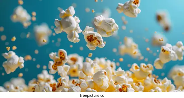 A blue background with white popcorn pieces flying through the air.