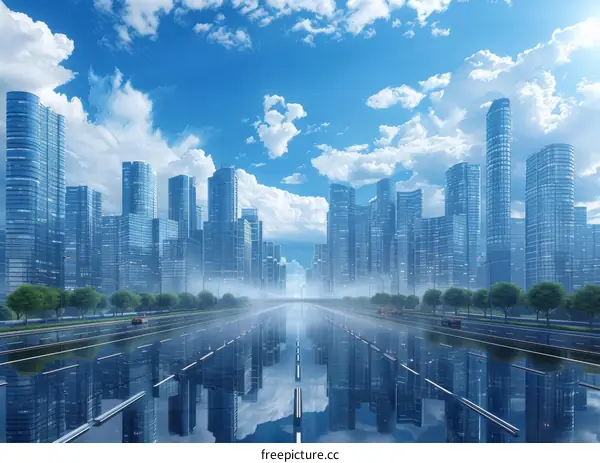 Modern City Skyline Reflection on a Wet Road