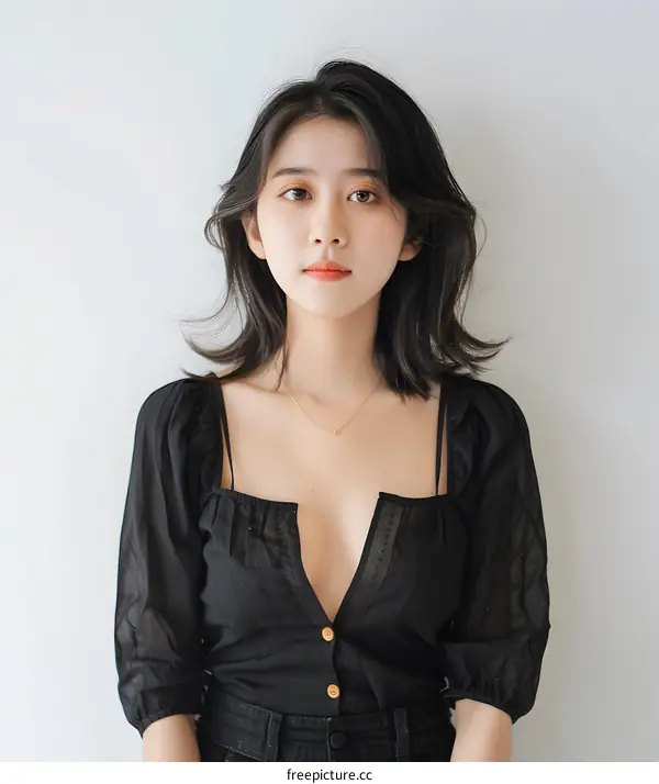 Beautiful Young Asian Woman with Short Black Hair Wearing a Black Blouse