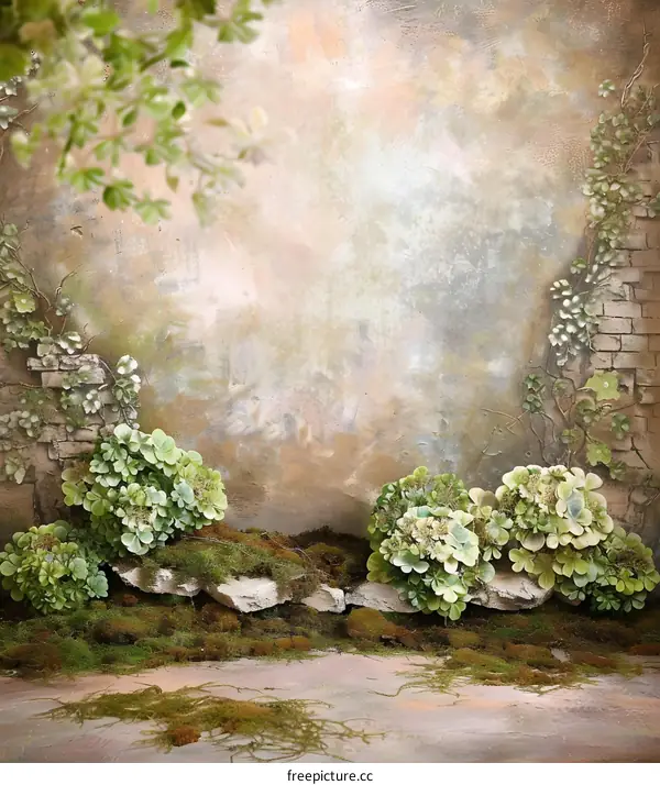 Rustic Stone Wall with Green Ivy and Moss Background