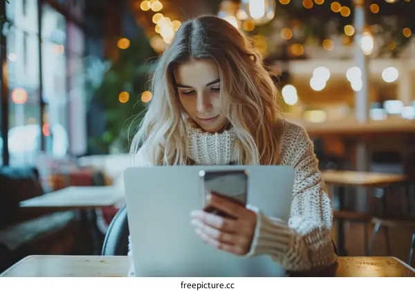 Young woman using laptop and mobile phone in cafe