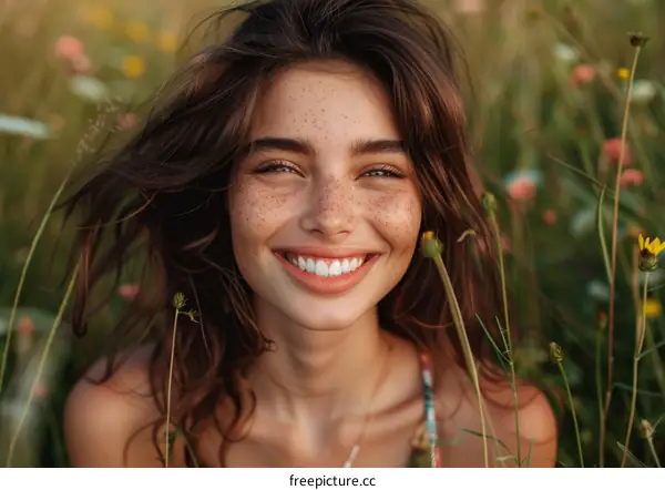 Smiling Woman with Freckles in a Field of Flowers