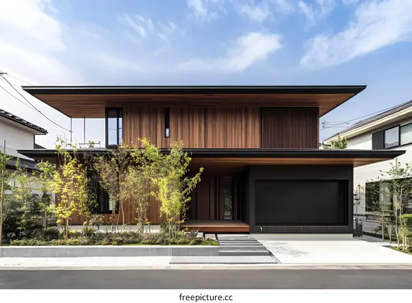 Modern Japanese House with Wooden Facade and Overhanging Roof