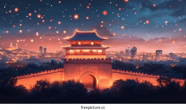 Chinese Ancient City at Night with Lanterns
