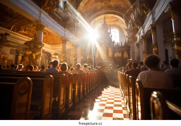 Sunlit church interior with rows of wooden benches and a large organ