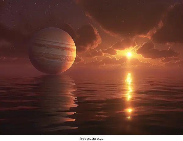 Artistic render of an ocean's sunset from a distant planet