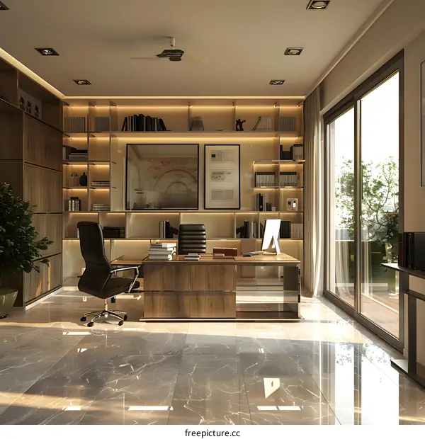Office interior with large windows and a stylish desk