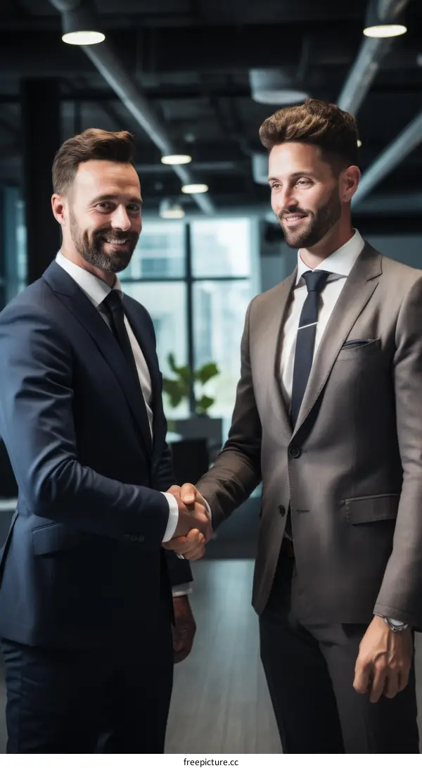 Two businessmen in suits shaking hands in an office