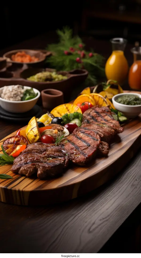 A wooden platter with grilled steak and vegetables