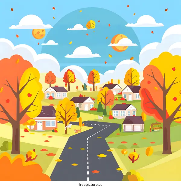 Autumn Landscape with Houses and Winding Road