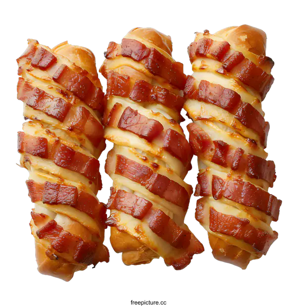 [Transparent Background PNG]Three Bacon Wrapped Pigs in a Blanket on White