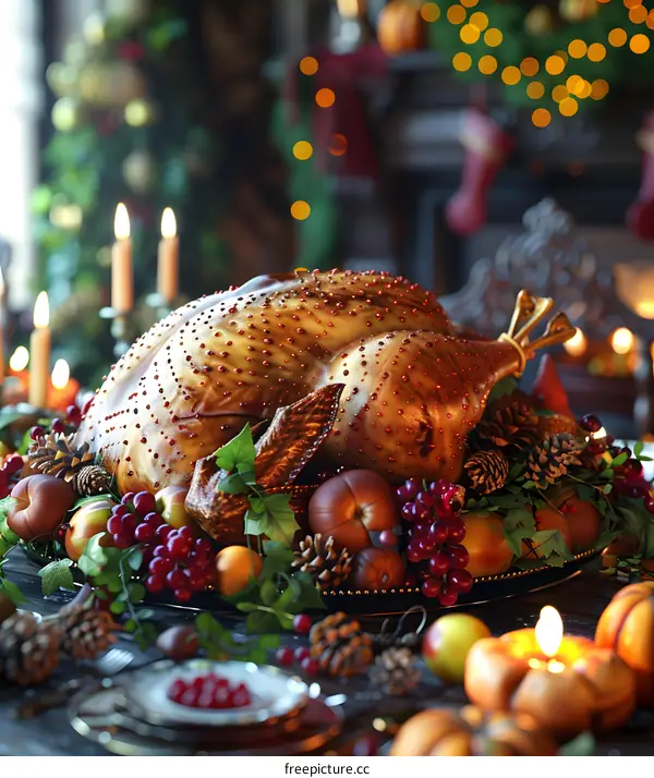 A Thanksgiving turkey sits on a table decorated with candles, fruit, and pine cones.