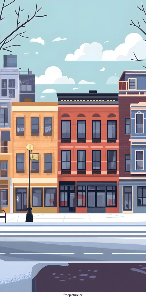 Winter Street Scene With Buildings and Snowy Road