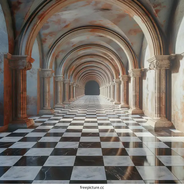 Marble Floored Hallway with Arched Ceiling and Geometric Columns