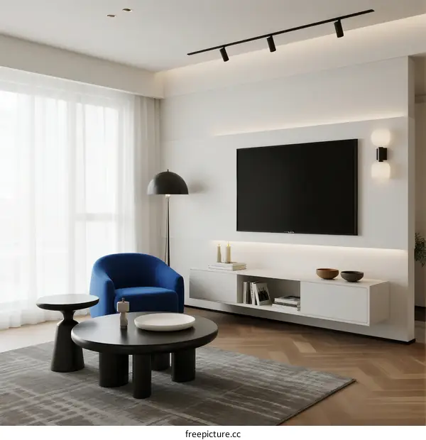 Modern Living Room with Blue Armchair and Minimalist Design