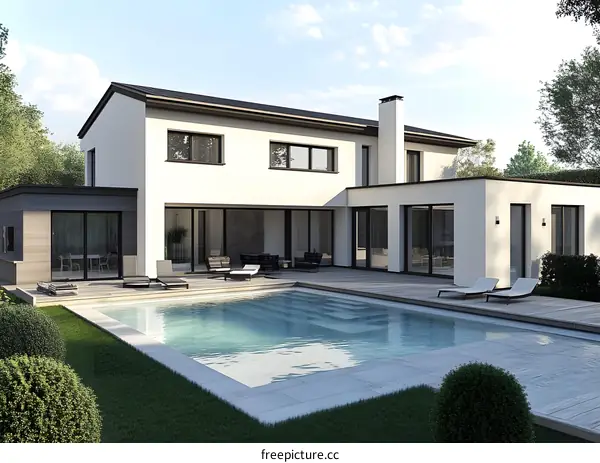 Modern House with Swimming Pool and Lush Greenery