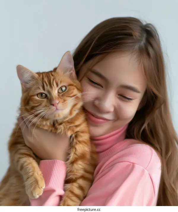 A ginger cat and a woman in a pink sweater