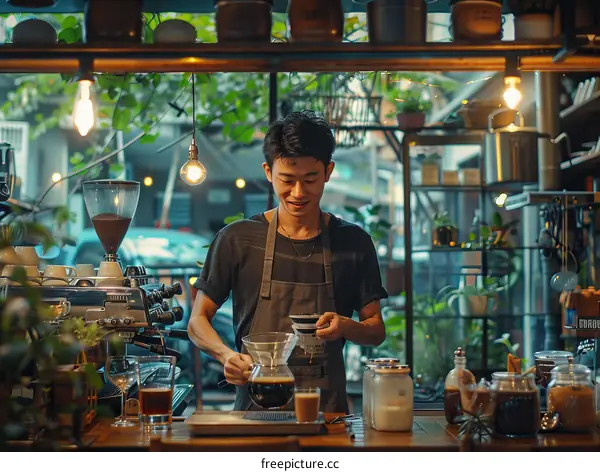 Asian man making coffee in a cafe