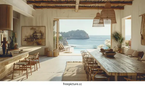 Rustic home interior with ocean view