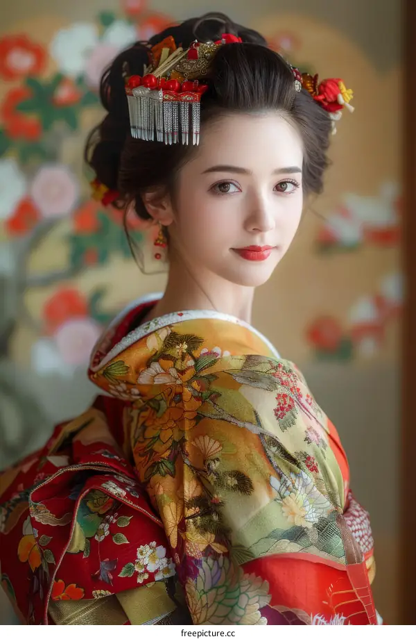 Portrait of a beautiful Japanese woman in traditional kimono