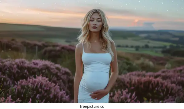 Stunning Pregnant Woman In A Field Of Purple Flowers