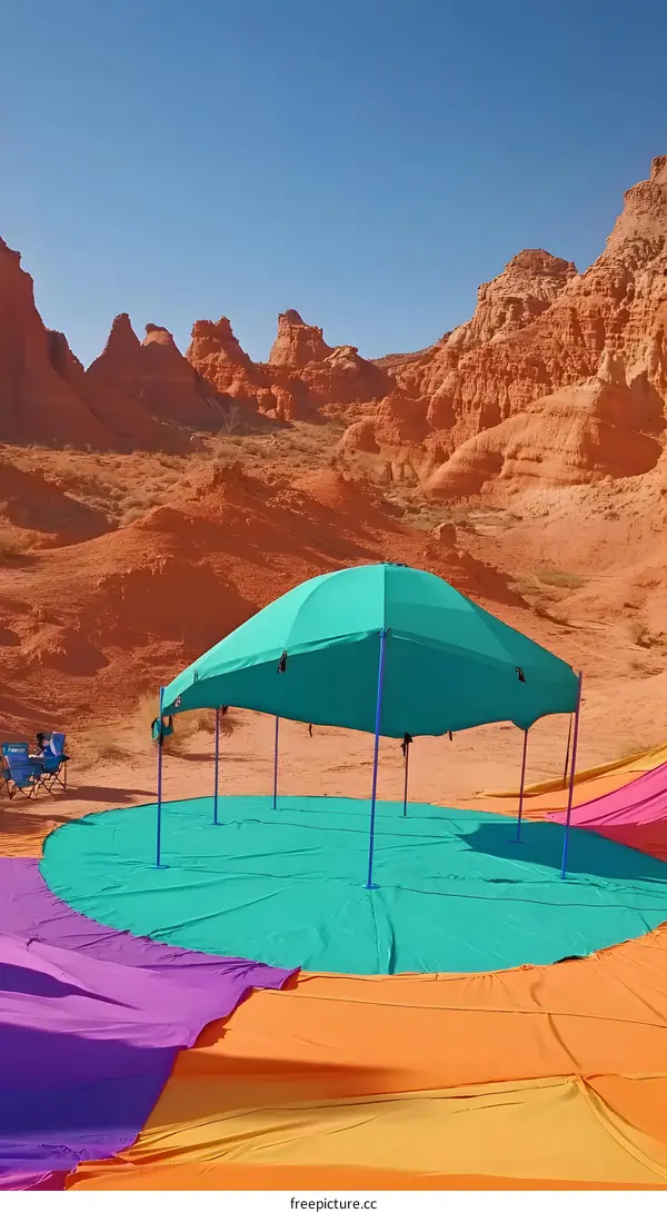 Colorful Tent Setup in Red Rock Canyon Desert Landscape