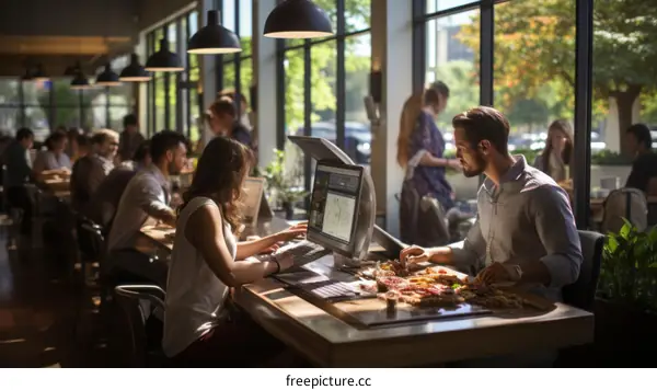 A couple is working on a project together in a coffee shop.