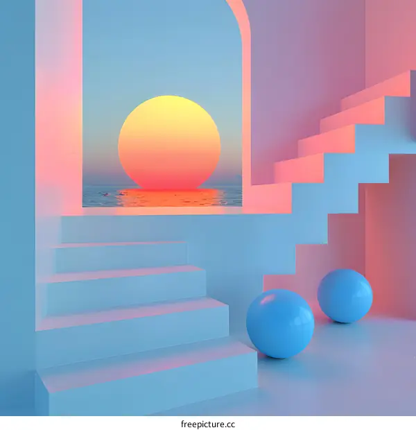 3D rendering of a surreal sunset over the ocean with stairs leading up to a doorway