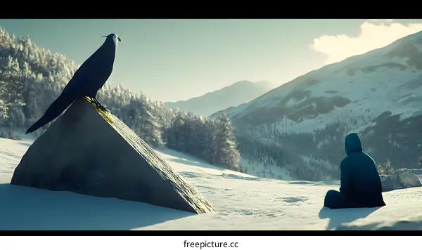 Blue Bird and Person in Snowy Mountains