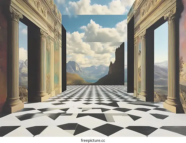 Surreal Collage of an Interior Space with a View of Mountains and a Lake