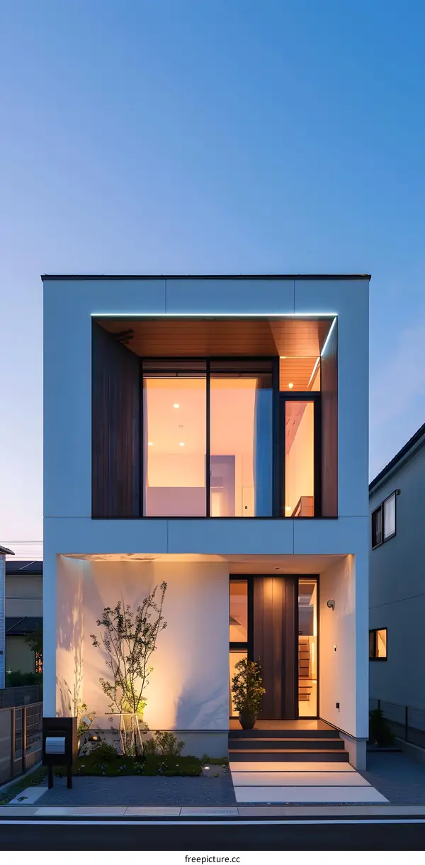 Modern House Exterior With Light Up At Dusk