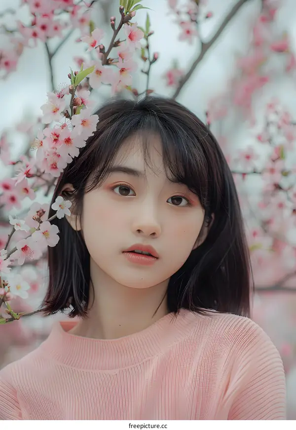 Young Asian Woman in Pink Sweater with Cherry Blossoms
