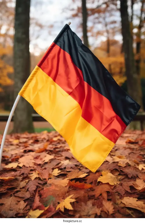 A German flag in front of a pile of autumn leaves