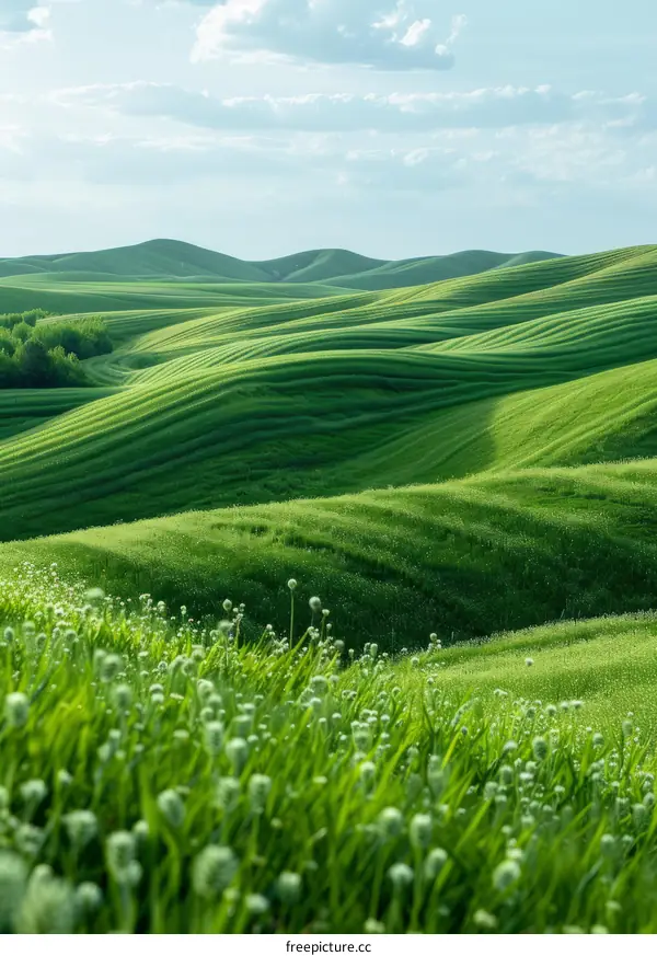 Picturesque green rolling hills under blue sky and white clouds