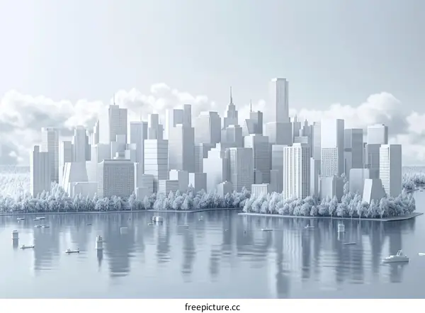 A Futuristic Cityscape with Skyscrapers and a River